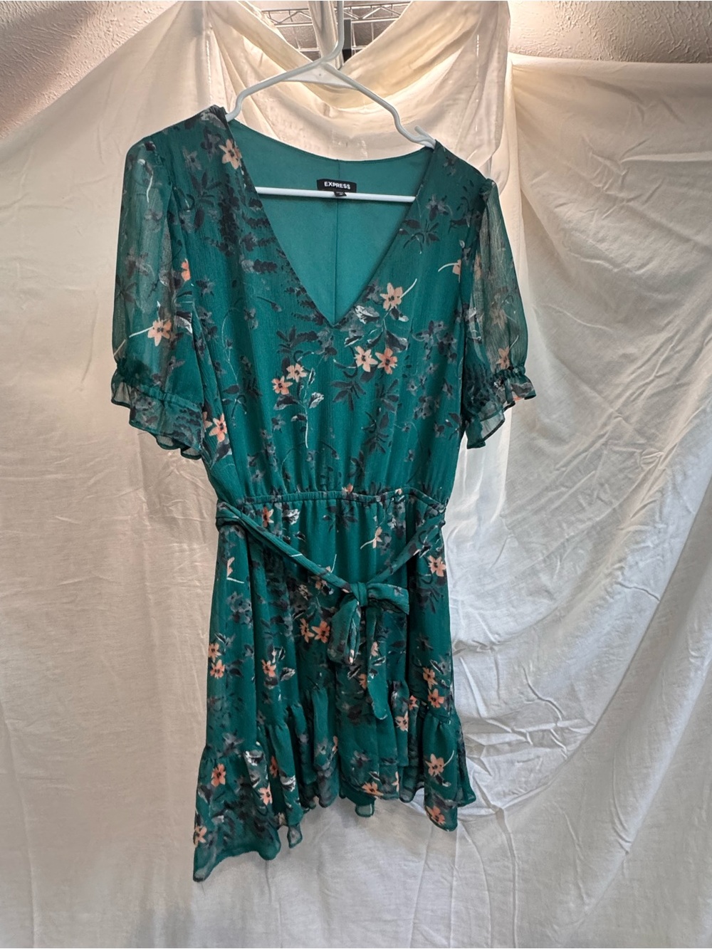 Express Floral V-Neck Tie-Waist Mini Dress